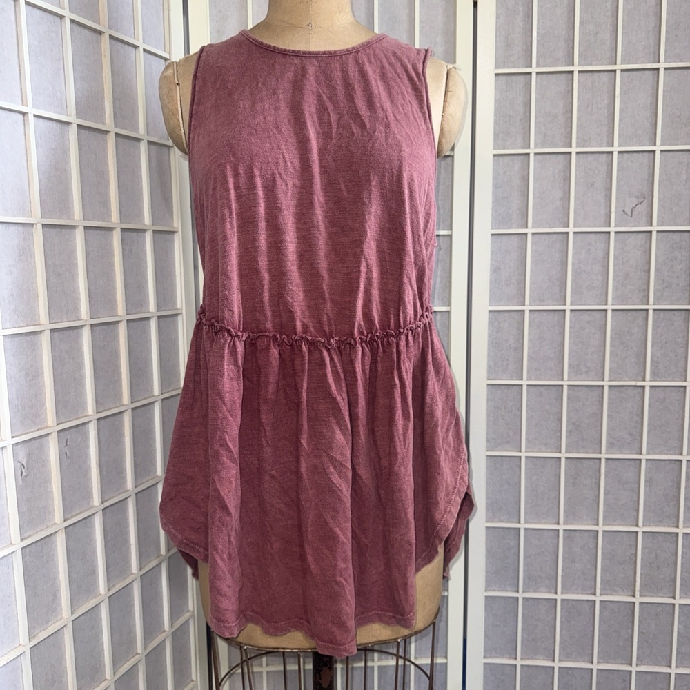 Mineral Wash Dusty Rose Pink Sleeveless Peplum Blouse High Low Hem Side Slit Top